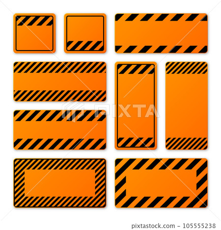 Various blank orange warning signs with diagonal lines. Attention, danger or caution sign, construction site signage. Realistic notice signboard, warning banner, road shield. Vector illustration 105555238