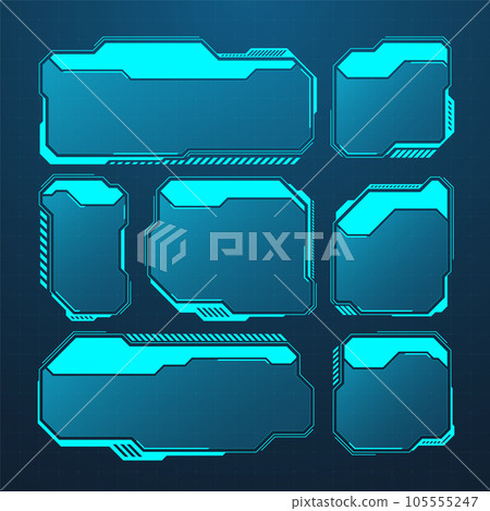 Blue futuristic HUD or UI elements. Sci-fi user interface text boxes, callouts. Warning message frames, information boxes template. Modern game interface layout in digital style. Vector illustration Blue futuristic HUD or UI elements. Sci-fi user interface text boxes, callouts. Warning message frames, information boxes template. Modern game interface layout in digital style. Vector illustration 105555247