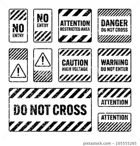 Various black grunge warning signs with diagonal lines. Old attention, danger or caution sign, construction site signage. Realistic notice signboard, warning banner, road shield. Vector illustration 105555265