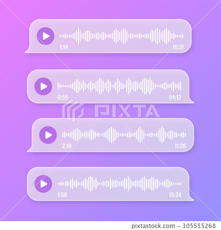 Voice, audio message, transparent speech bubbles. SMS text frame. Social media chat or messaging app conversation. Voice assistant, recorder. Sound wave pattern. Vector illustration 105555268