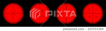 Various weapon thermal infrared sights, sniper rifle optical scopes. Hunting gun viewfinder with crosshair. Aim, shooting mark symbol. Military target sign. Game UI element. Vector illustration 105555304