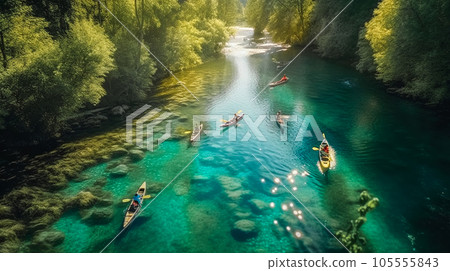 Kayaks on river at sunset. Aerial view of People Kayaking on calm summer blue lake. Generative AI 105555843
