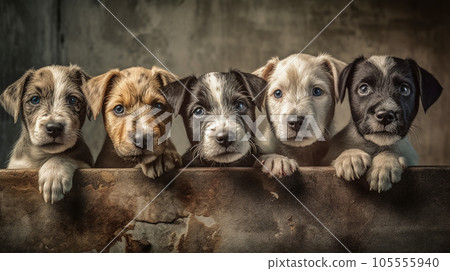 Group of dogs in box, looking at camera. Generative AI 105555940