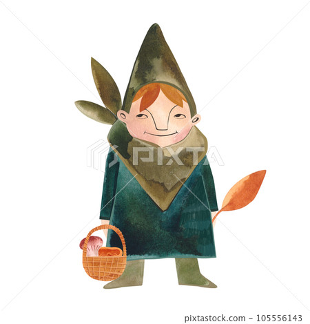 Watercolor young ginger gnome in green costume. Autumn. Isolated illustration. Clipart. Raster illustration for packaging, greeting cards and wrapping paper, gifts, posters. 105556143