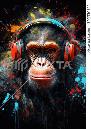 Illustration of a chimp with headphones Illustration of a chimp with headphones 105556151
