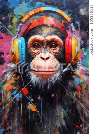 Illustration of a chimp with headphones Illustration of a chimp with headphones 105556152