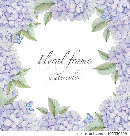 Floral square frame with delicate purple hydrangea, leaves, watercolor 105556239