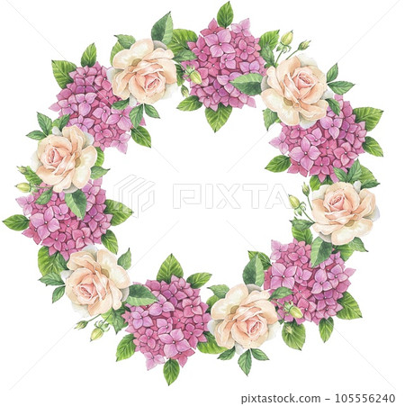 Floral round wreath with pink hydrangea, delicate roses, leaves, watercolor 105556240