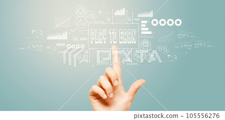 Play to Earn theme with hand pressing a button 105556276