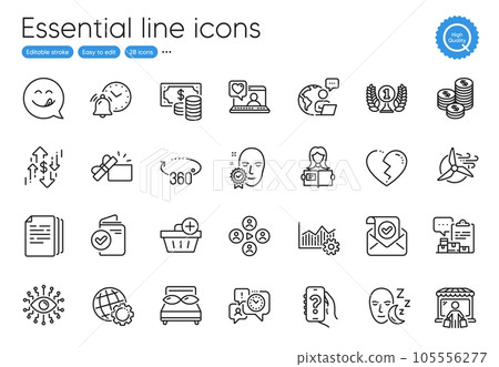 Help app, Add purchase and Confirmed mail line icons. Collection of Broken heart, Woman read, Sleep icons. Dollar rate, Operational excellence, Coins banknote web elements. 360 degrees. Vector 105556277