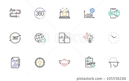 Journey path, Augmented reality and Full rotation line icons for website, printing. Collection of Face scanning, Report document, Coronavirus statistics icons. Medical mask, 360 degrees. Vector Journey path, Augmented reality and Full rotation line icons for website, printing. Collection of Face scanning, Report document, Coronavirus statistics icons. Medical mask, 360 degrees. Vector 105556288
