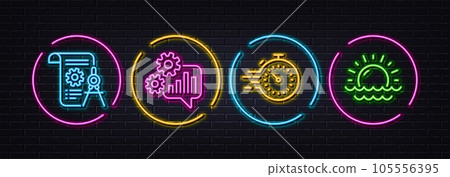 Cogwheel, Timer and Divider document minimal line icons. Neon laser 3d lights. Sunset icons. For web, application, printing. Engineering tool, Deadline management, Report file. Sunny weather. Vector Cogwheel, Timer and Divider document minimal line icons. Neon laser 3d lights. Sunset icons. For web, application, printing. Engineering tool, Deadline management, Report file. Sunny weather. Vector 105556395