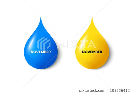 Paint drop 3d icons. November month icon. Event schedule Nov date. Meeting appointment planner. Yellow oil drop, watercolor blue blob. November promotion. Vector 105556413