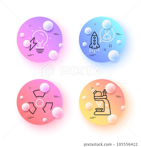 Chemical hazard, Microscope and Startup minimal line icons. 3d spheres or balls buttons. Electricity bulb icons. For web, application, printing. Toxic, Chemistry laboratory, Developer. Vector 105556422