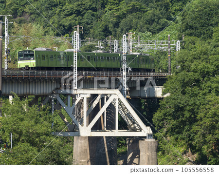 Series 201 train crossing the iron bridge over the Yamato River 105556558