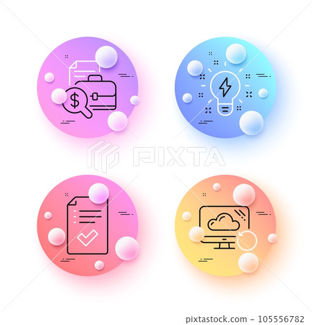 Recovery cloud, Inspiration and Approved checklist minimal line icons. 3d spheres or balls buttons. Accounting report icons. For web, application, printing. Vector Recovery cloud, Inspiration and Approved checklist minimal line icons. 3d spheres or balls buttons. Accounting report icons. For web, application, printing. Vector 105556782