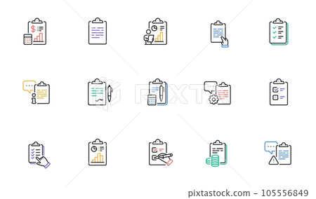 Checklist documents line icons. Agreement info, Clipboard manager, Accounting Report. Medical schedule, Document list and Voting checklist line icons. Data calculation, Contract document. Vector 105556849