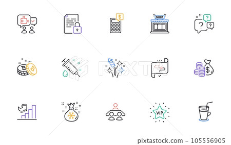 Vip star, Growth chart and Question bubbles line icons for website, printing. Collection of Lock, Calculator, Santa sack icons. Shop, Cocktail, Puzzle web elements. Fireworks rocket. Vector Vip star, Growth chart and Question bubbles line icons for website, printing. Collection of Lock, Calculator, Santa sack icons. Shop, Cocktail, Puzzle web elements. Fireworks rocket. Vector 105556905