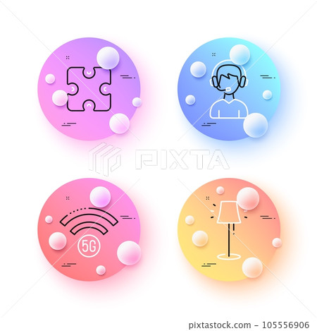 5g wifi, Consultant and Stand lamp minimal line icons. 3d spheres or balls buttons. Puzzle icons. For web, application, printing. Wireless internet, Call center, Floor lamp. Puzzle piece. Vector 105556906