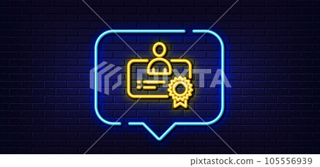 Neon light speech bubble. Certificate line icon. Business management sign. Best manager symbol. Neon light background. Certificate glow line. Brick wall banner. Vector Neon light speech bubble. Certificate line icon. Business management sign. Best manager symbol. Neon light background. Certificate glow line. Brick wall banner. Vector 105556939