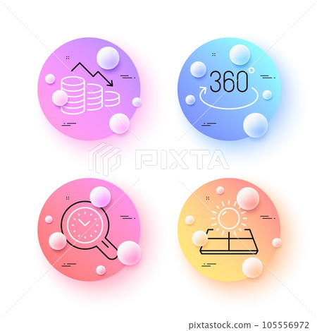 Time management, Full rotation and Money loss minimal line icons. 3d spheres or balls buttons. Sun energy icons. For web, application, printing. Time analysis, 360 degree, Economy bankruptcy. Vector 105556972