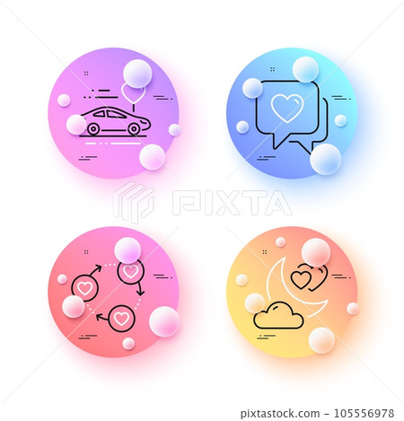 Honeymoon travel, Love night and Friends community minimal line icons. 3d spheres or balls buttons. Heart icons. For web, application, printing. Car trip, Romantic evening, Love. Vector 105556978