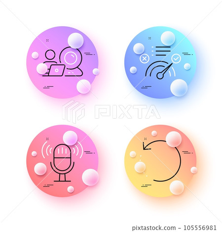 Recovery data, Microphone and Correct answer minimal line icons. 3d spheres or balls buttons. Video conference icons. For web, application, printing. Backup info, Mic, Approved. Vector 105556981