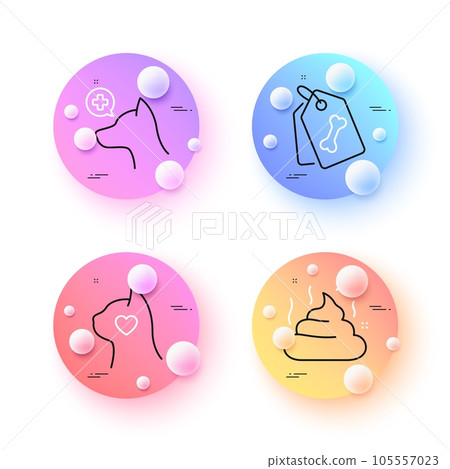 Pet tags, Pets care and Veterinary clinic minimal line icons. 3d spheres or balls buttons. Feces icons. For web, application, printing. Dog bone, Shelter, Pets medicine. Excrement. Vector 105557023