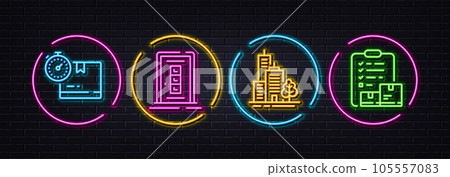 Cardboard box, Skyscraper buildings and Door minimal line icons. Neon laser 3d lights. Inventory checklist icons. For web, application, printing. Vector Cardboard box, Skyscraper buildings and Door minimal line icons. Neon laser 3d lights. Inventory checklist icons. For web, application, printing. Vector 105557083