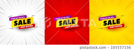 Sale 50 percent off banner. Flash offer banner, coupon or poster. Discount sticker shape. Hot offer icon. Sale 50% promo banner. Retail marketing flyer. Starburst pop art. Vector 105557156