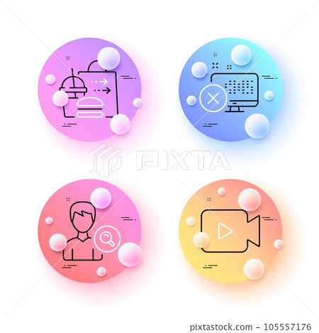 Food delivery, Video camera and Search people minimal line icons. 3d spheres or balls buttons. Reject access icons. For web, application, printing. Vector Food delivery, Video camera and Search people minimal line icons. 3d spheres or balls buttons. Reject access icons. For web, application, printing. Vector 105557176