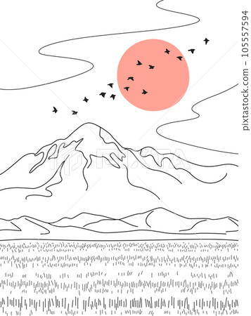 Simple Line Drawing  of Scene with Mountains 105557594