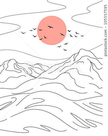 Simple Line Drawing  of Scene with Mountain Range 105557595