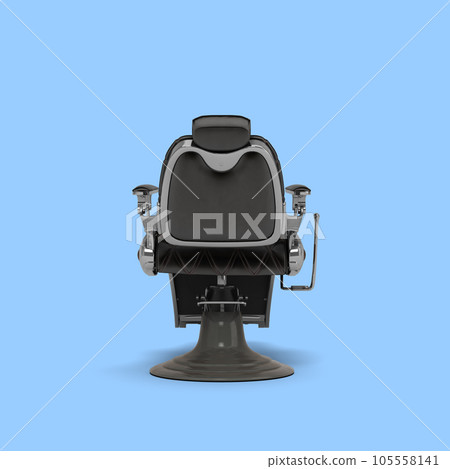 Retro black leather barber chair with chrome inserts back view 3d render on blue background 105558141