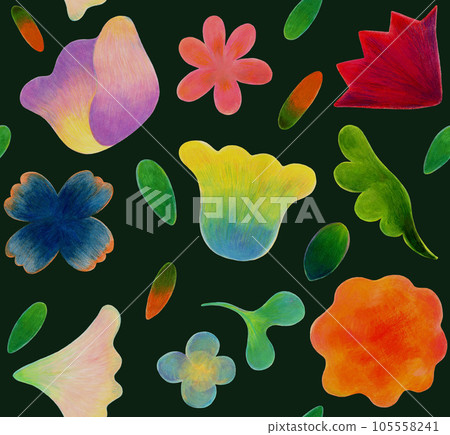 Cute floral textile illustration seamless pattern hand drawn with colored pencils and oil pastel 105558241