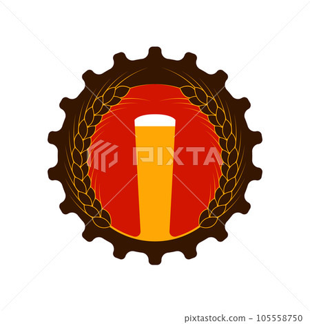 Beer glass, wheat wreath and beer bottle cap. Isolated vector illustration, logo and clipart round shape on white background. 105558750