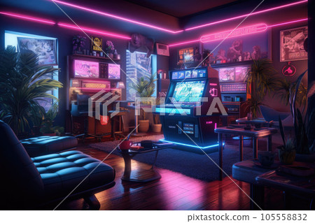 Gaming room. Neon illuminated room with computers. Generative AI 105558832