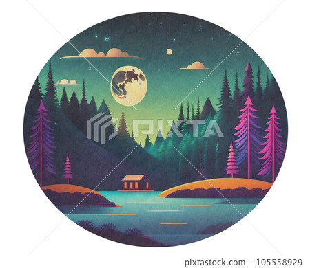 像通過望遠鏡看一樣的圓形 | 夜湖，森林景觀 | 帶紋理的幻想平面插畫 | Genera 105558929