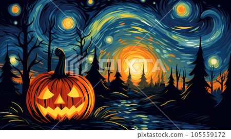 手绘卡通唯美的星空下的万圣节南瓜灯插画 手绘卡通唯美的星空下的万圣节南瓜灯插画 105559172