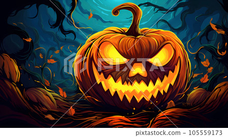 手绘卡通唯美的星空下的万圣节南瓜灯插画 105559173