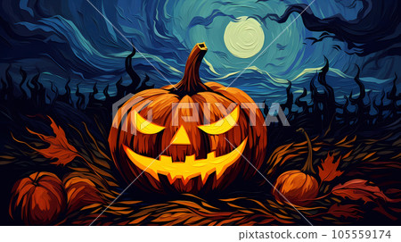 手绘卡通唯美的星空下的万圣节南瓜灯插画 手绘卡通唯美的星空下的万圣节南瓜灯插画 105559174