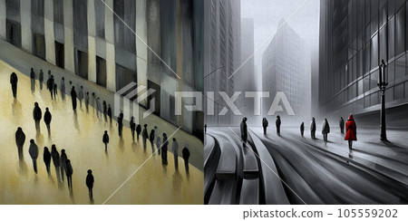 描繪人群、孤獨的觀念藝術作品 / 城市中的一群人 / 2 幅超現實主義繪畫 / Gen 105559202
