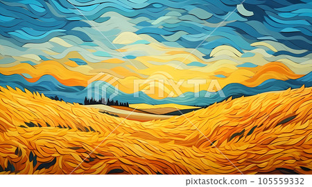手绘卡通唯美的秋天麦田插画 105559332