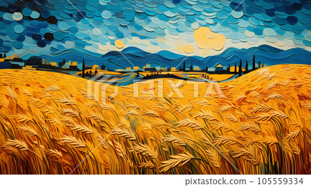 手绘卡通唯美的秋天麦田插画 105559334