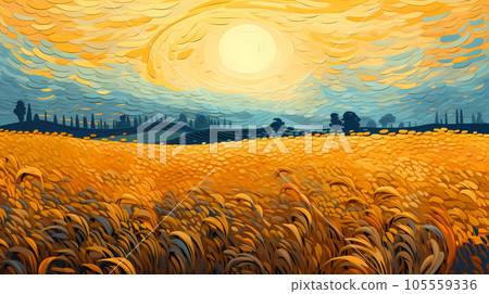 Hand drawn cartoon beautiful autumn wheat field illustration 105559336