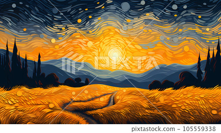 手绘卡通唯美的秋天麦田插画 105559338