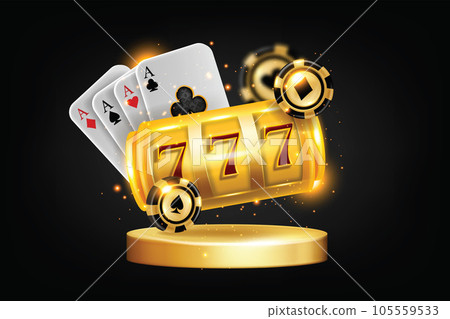 3D casino slot mobile game banner, vector golden flying spin machine jackpot sign, poker card podium 105559533