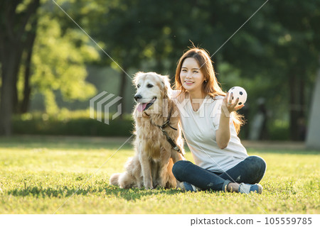 a beautiful woman playing ball with her dog in the park a beautiful woman playing ball with her dog in the park 105559785