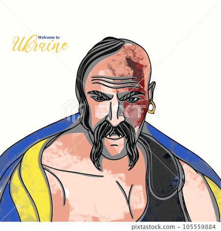 Ukrainian cossack with flag, welcome to Ukraine, national colors Ukrainian cossack with flag, welcome to Ukraine, national colors 105559884