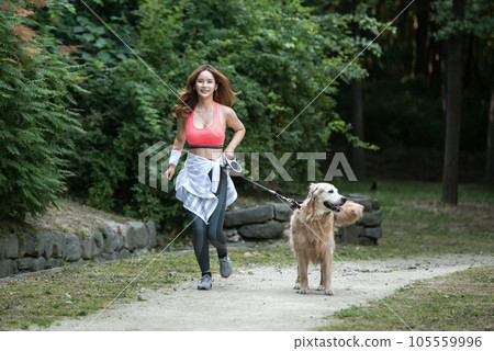 In the park, a lovely dog and a beautiful woman in sportswear are exercising together. In the park, a lovely dog and a beautiful woman in sportswear are exercising together. 105559996